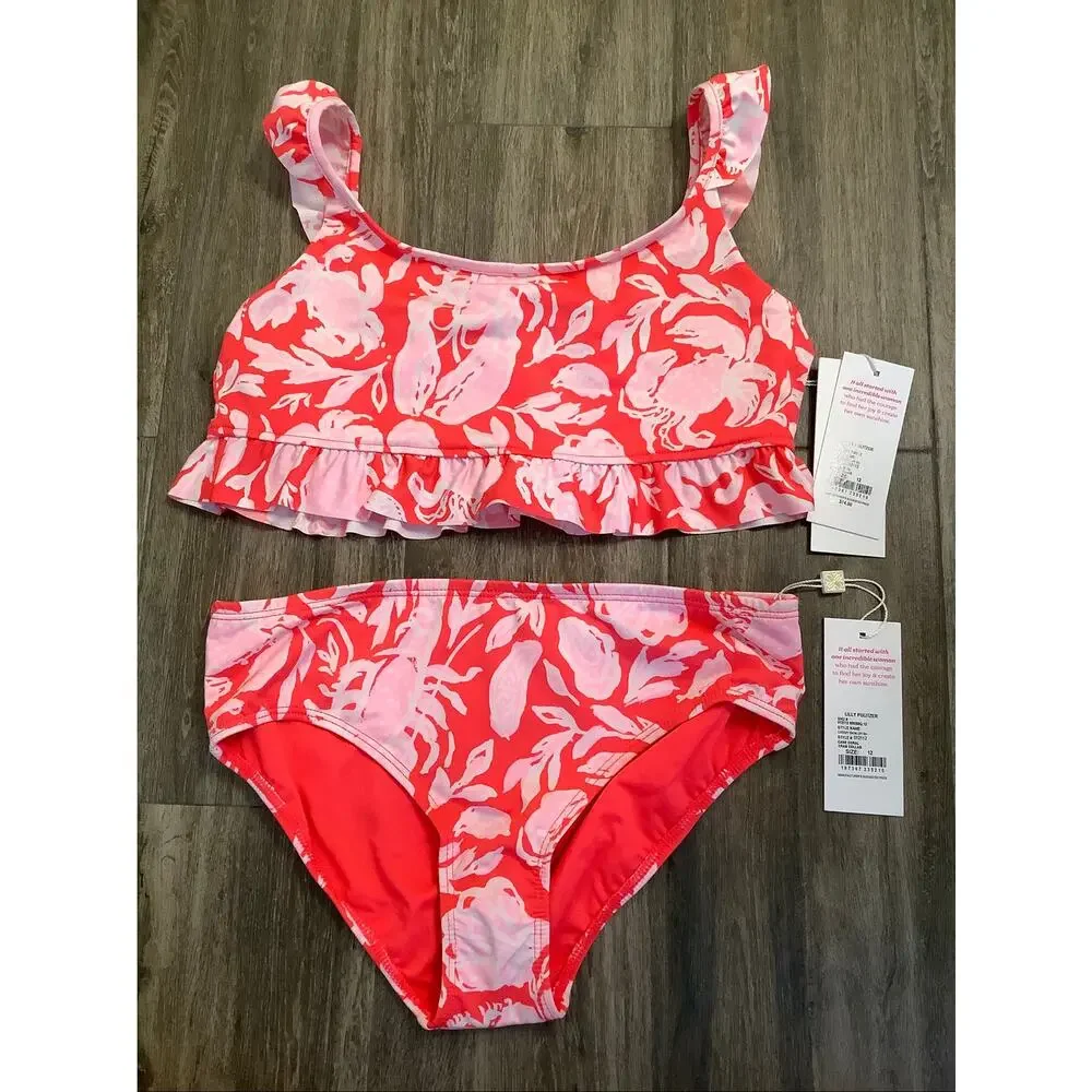 Lilly Pulitzer Girls 12 Cane Coral Crab UPF50+ Chrissy Bikini Set Swimsuit C20-2